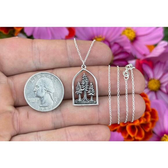 Sterling Silver Three Pine Trees Forest Necklace - Picture 4 of 4